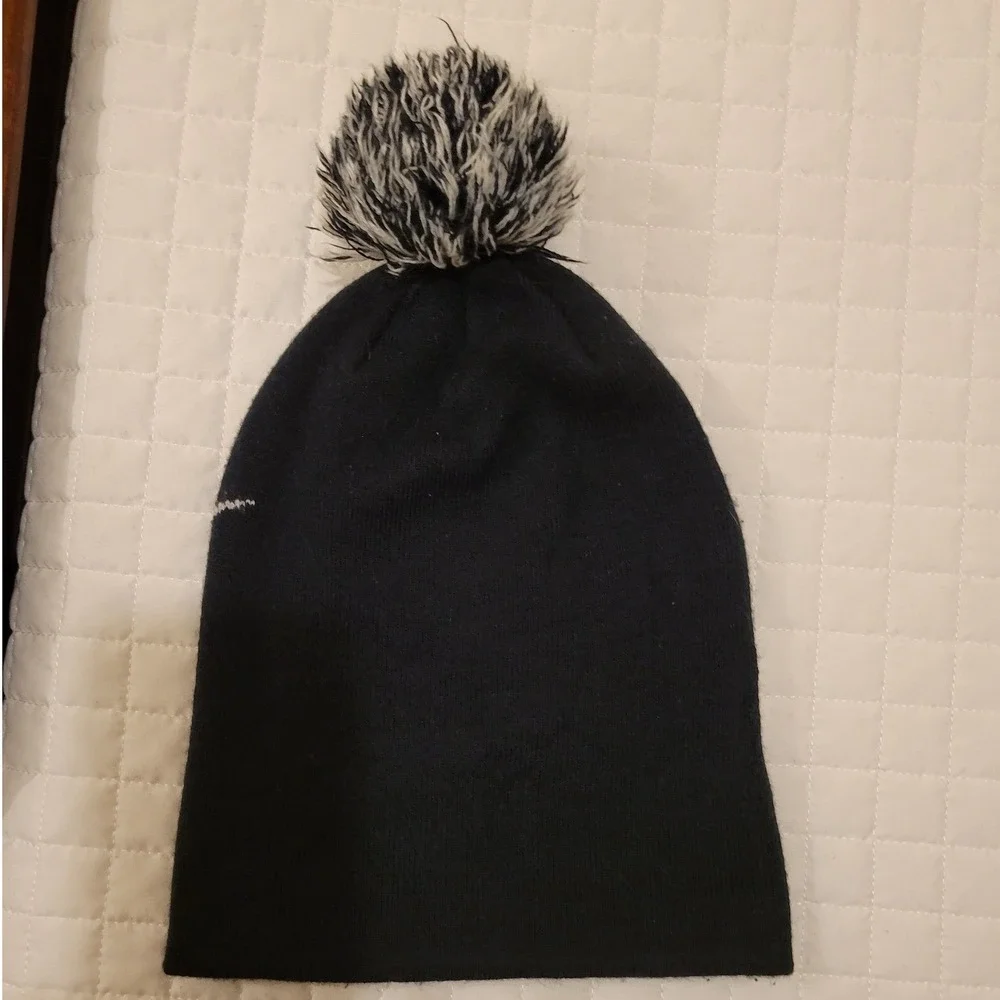 Nike Kids' Black White Pom Pom Foldover Beanie Cozy Hat Wintertime Snow Cold Fun